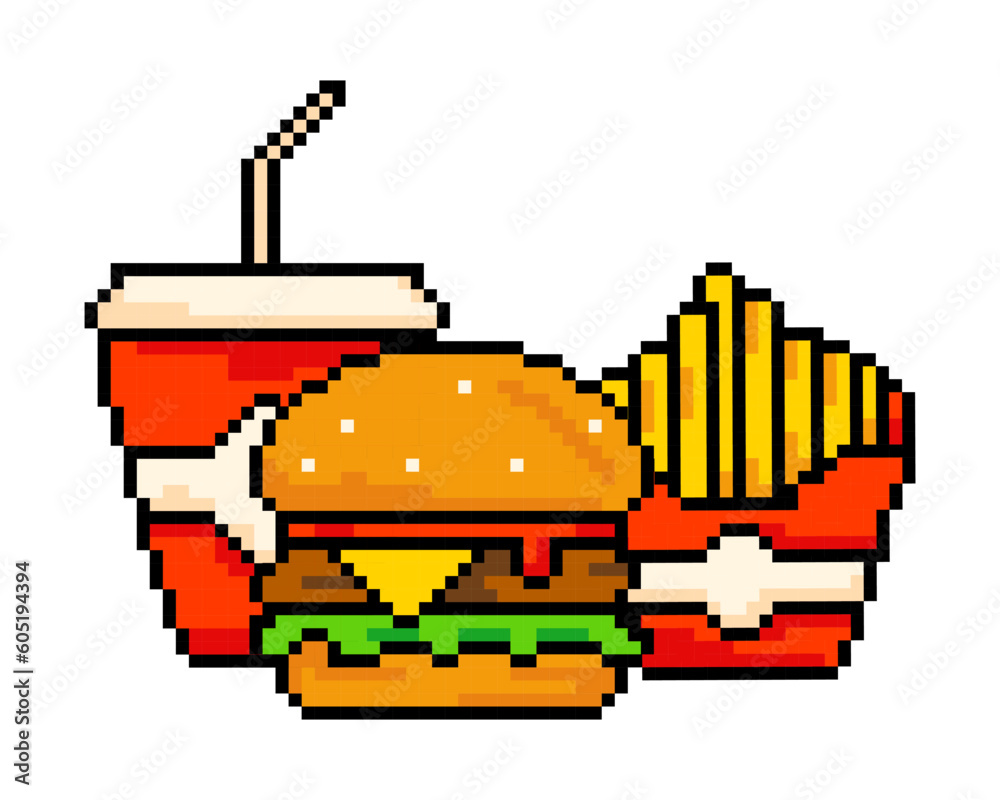Pixel fast food items: hamburger, french fries, and a drink. Vector ...