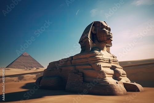 The sphinx and pyramid in the desert. Generative AI. photo