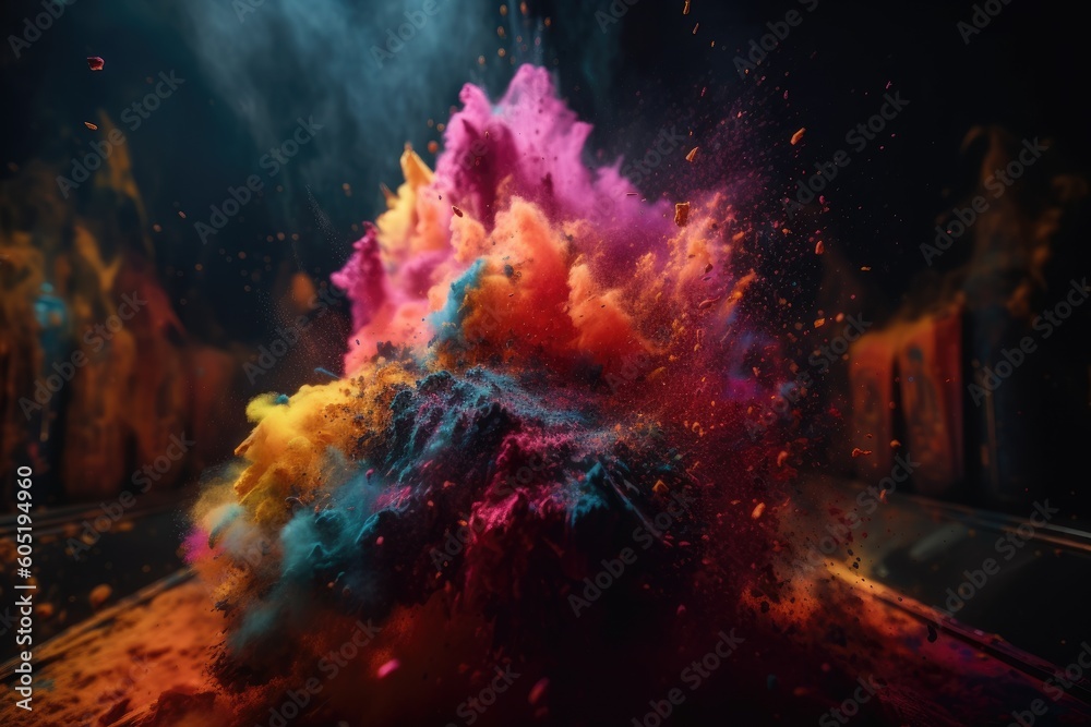 Explosion of colorful powders. Generative AI.
