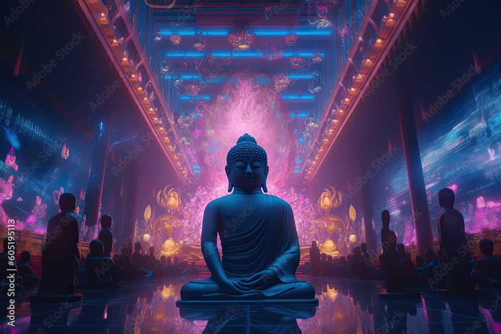 Cryberpunk neon light buddha statue in temple. Generative AI.
