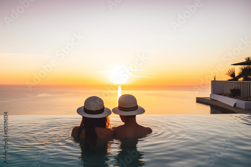 Back view of A romantic couple on summer vacation enjos the sunset over the mediterranean sea by the pool © alisaaa