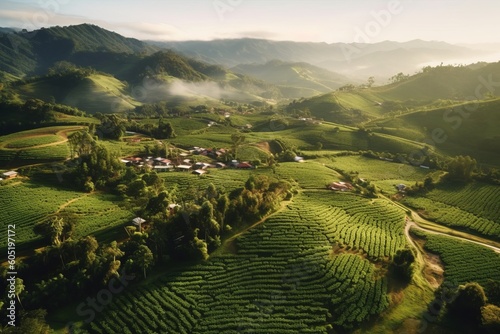Wide aerial shot of a lush coffee plantation surrounded by rolling hills and misty mountains, capturing the scenic beauty and serenity of the location. Generative Ai