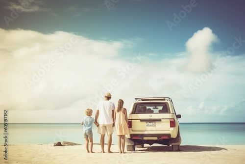 Back view of a happy family on a tropical beach and a car on the side