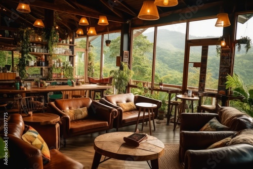 Cozy coffee shop nestled within the coffee plantation  with rustic decor  comfortable seating  and large windows offering a view of the picturesque landscape. Generative Ai