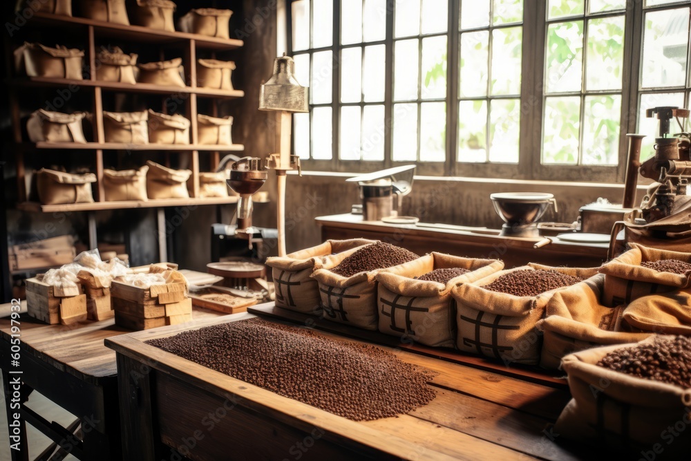 Rustic wooden coffee processing station, with bags of coffee beans stacked neatly, conveying the craftsmanship and attention to detail involved in the coffee production process. Generative AI