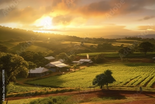 Wide shot of a sunset over the coffee plantation, with the golden light casting a warm glow on the fields, symbolizing the end of a productive day and the promise of a new harvest. Generative AI