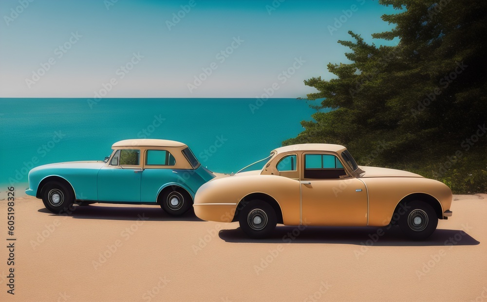 two vintage cars parked on the beach - Generative AI