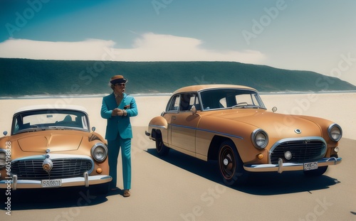 a man in a suit standing next to two vintage cars - Generative AI