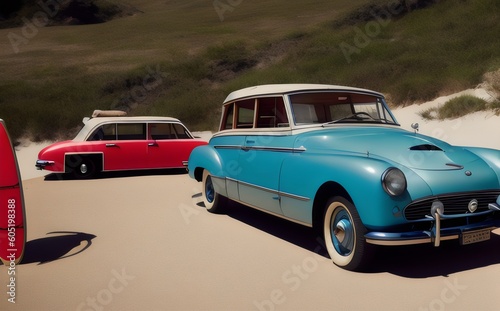 two vintage cars are parked on the beach - Generative AI
