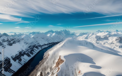a beautiful view of snow covered mountains and a river - Generative AI