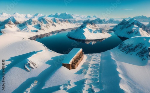 a small cabin in the middle of snow covered mountains - Generative AI