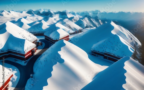 aerial view of a snowy mountain with red roofs - Generative AI