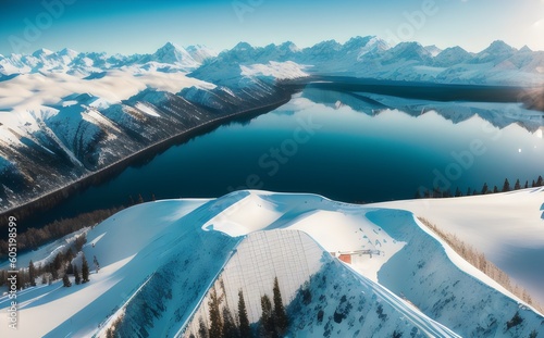 aerial view of snowy mountains and lake - Generative AI
