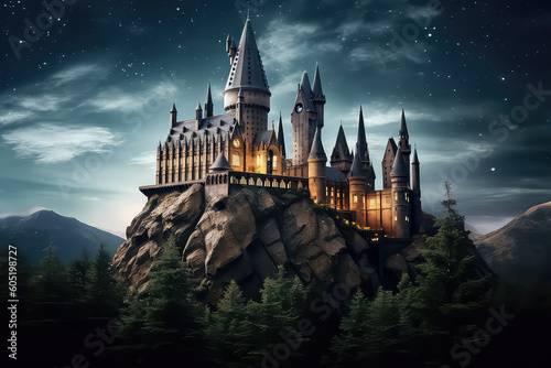 magic castle of school and magic in England at night, AI