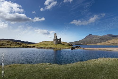 Ardvreck Castle, England, Scotland, Scottish highlands, Castle, mountains, lake, Loch Assynt, Westcoast. Ruin.  photo