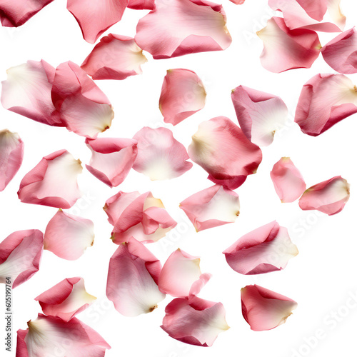 Pink rose petals are flying. Falling rose petals. Flower petals in the air. Isolated on a transparent background. KI. 