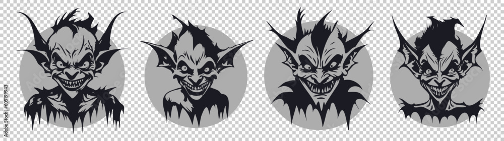 Vector set of graphic monochrome portraits of scary ugly funny gremlins ...