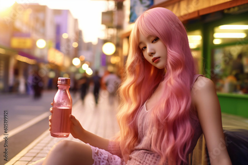 asian girl with pink anime hair advertises a sweet pink drink in anime style, fictional person made with generative ai photo