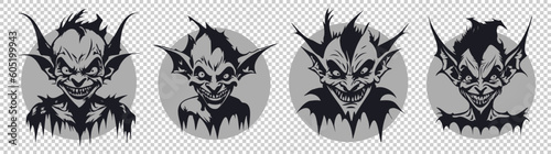 Vector set of graphic monochrome portraits of scary ugly funny gremlins with circles on an isolated background. Stickers or icons.