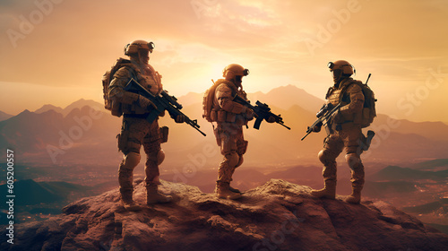 Squad of Three Fully Equipped and Armed Soldiers Standing on Hill in Desert Environment in Sunset Light Generative AI