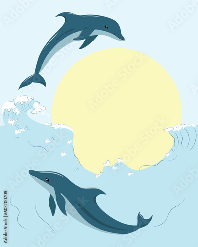 Vertical card with dolphins and empty space for text. Birthday card, wedding card, Invitation, save the date template. Sealife, Undersea vector illustration.