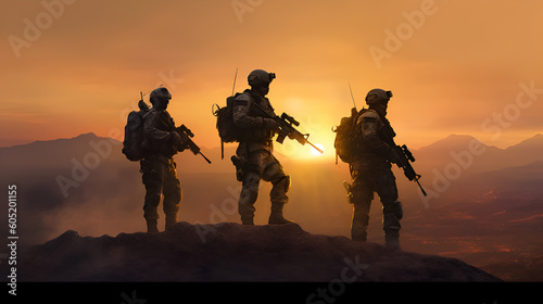 Squad of Three Fully Equipped and Armed Soldiers Standing on Hill in Desert Environment in Sunset Light Generative AI