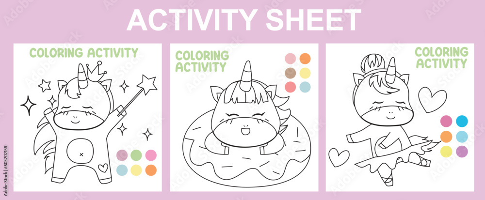 Printable activity sheet for children. 3 in 1 Educational worksheet with unicorn magical creature. Coloring activity for kids. Coloring page with cute and kawaii unicorn theme. Vector illustrations.