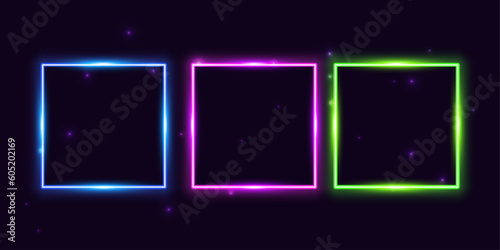 Neon monochrome square Border with copy space. Templates set of Neon gradient quadrate Frame. Expressive and futuristic graphic element, geometric shape for bright design. Fully Vector