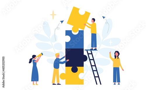 Business concept. Team metaphor. People connect puzzle elements. Flat illustration in flat design style. Teamwork, collaboration, partnership. Businessmen working together and moving towards success.