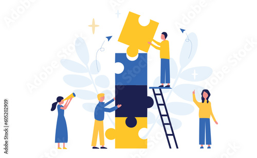 Business concept. Team metaphor. People connect puzzle elements. Flat illustration in flat design style. Teamwork, collaboration, partnership. Businessmen working together and moving towards success.