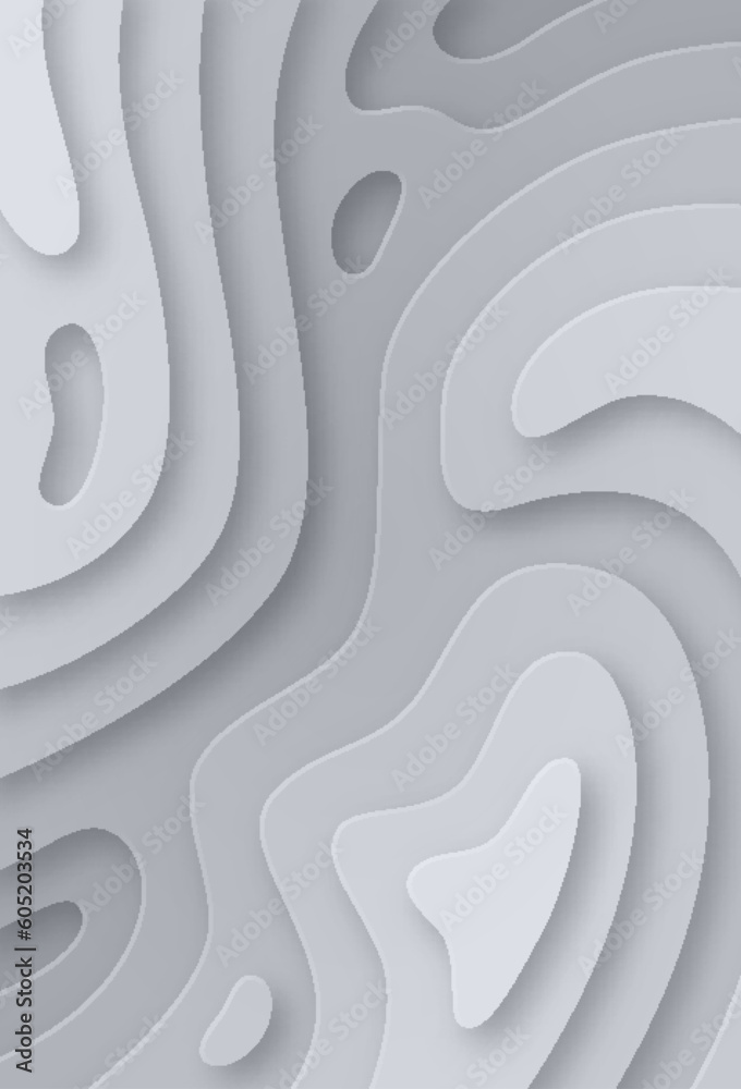 Gray 3D papercut multi layers, topographic pattern texture. Abstract paper cut relief imitation soft vertical banner, topographic map, background vector illustration