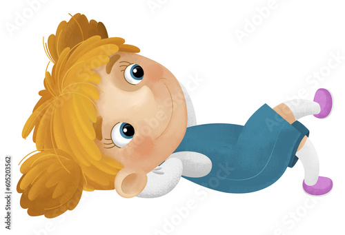 cartoon scene with young girl having fun resting leisure free time isolated illustration for kids #605203562