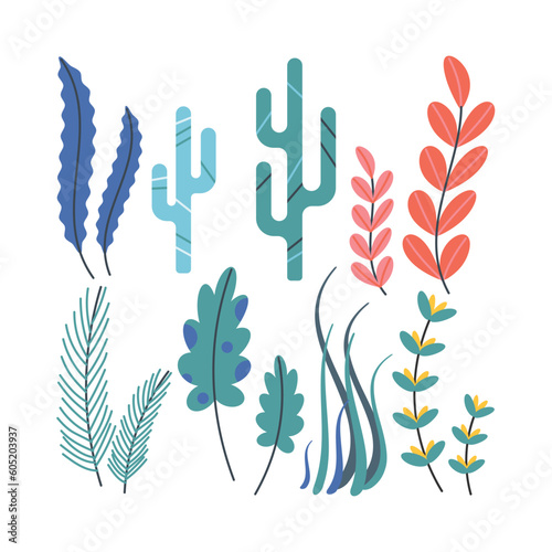 Set of marine elements of seaweed in flat cartoon style.