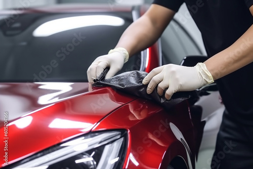 at hand Car service worker applying nano coating on a car detail