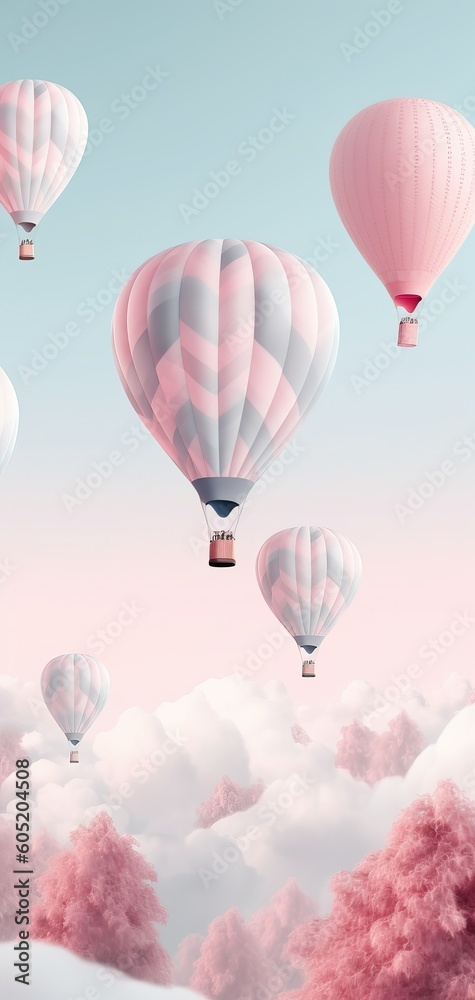 Obraz premium Beautiful vertical backgorund with hot air balloons up in the sky, in pastel colors. Generative Ai