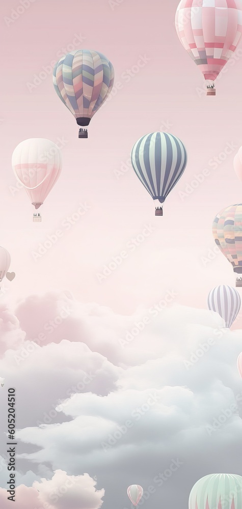 Obraz premium Beautiful vertical backgorund with hot air balloons up in the sky, in pastel colors. Generative Ai