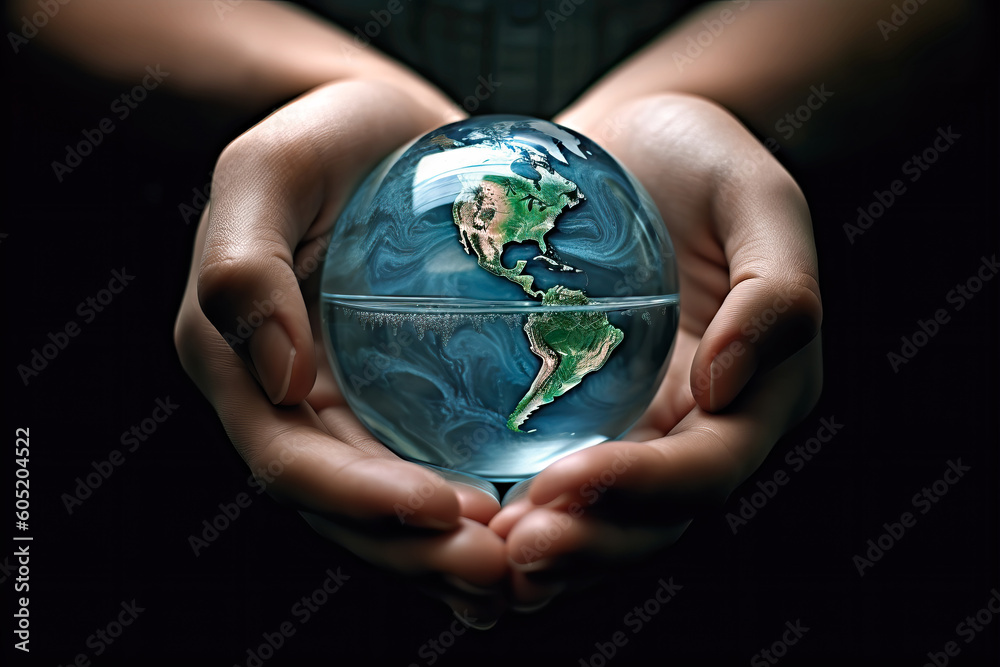 World water day. Hands holding glass planet earth. Concept of environmental preservation and water saving, Generative Ai World water day. Hands holding glass planet earth. Concept of environmental preservation and water saving, Generative Ai