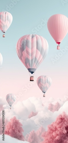 Beautiful vertical backgorund with hot air balloons up in the sky, in pastel colors. Generative Ai