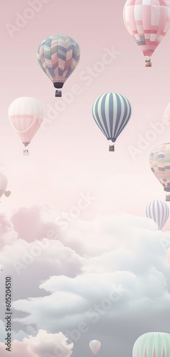 Beautiful vertical backgorund with hot air balloons up in the sky, in pastel colors. Generative Ai
