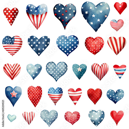 American flag hearts Watercolor Clipart PNG - 4th of July independence day memorial day USA flag red blue white patriotic stars stripes
