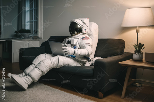 Astronaut Sitting On Couch And Working With Computer