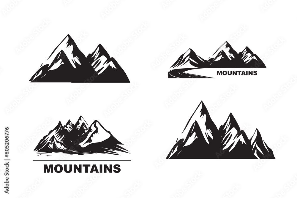 Mountain Icon, Rocky Tops Landscape Silhouette, Mountains Pictogram Isolated on White