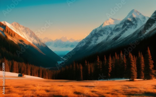 a mountain landscape with snow capped mountains and trees - Generative AI