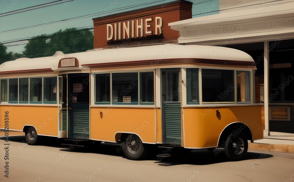 a yellow bus parked in front of a diner - Generative AI