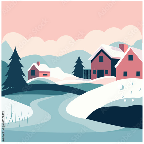 illustration vector art landscape showing winter snowy season hill station cloudy weather snowfall snowy weather green trees