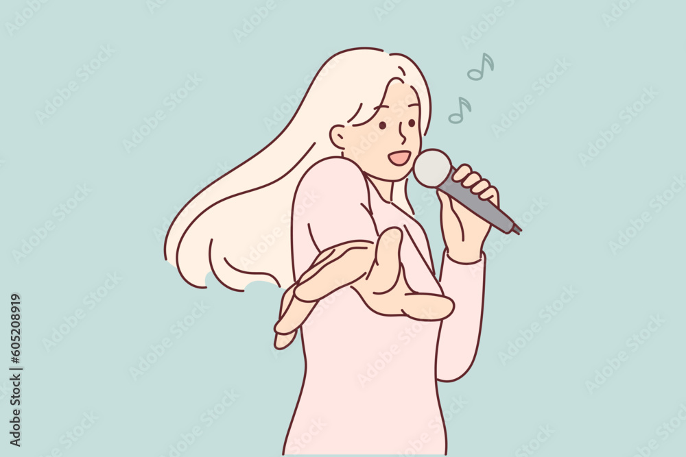 Woman with microphone sings in karaoke enjoying cool music party and stretching hands to screen Woman with microphone sings in karaoke enjoying cool music party and stretching hands to screen