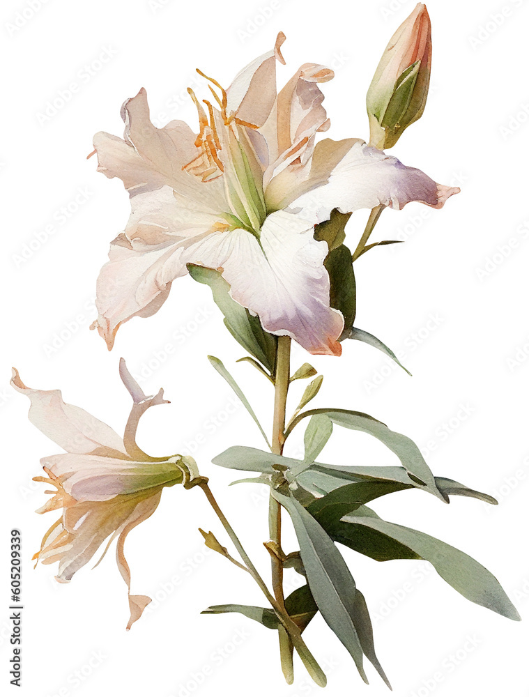 Lily flowers isolated on white, old watercolor