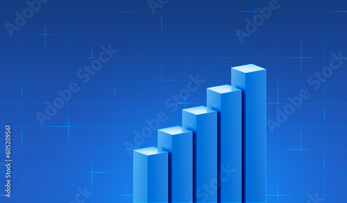 Blue business chart 3d graph growth financial marketing concept on success strategy background with digital finance diagram analysis data symbol or increase economy earning target price sale value.