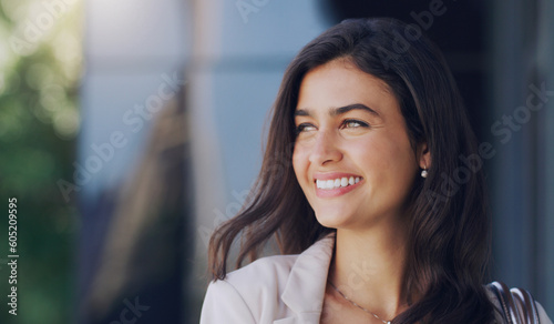 Thinking, future and face of woman in outdoor for mockup space, professional and happiness. Vision, modern and natural with female employee in urban city for motivation, confident and pride Free Download Thinking, future and face of woman in outdoor for mockup space, professional and happiness. Vision, modern and natural with female employee in urban city for motivation, confident and pride - GFXLoad