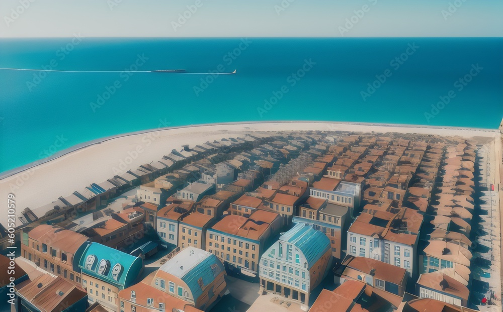Φωτογραφία aerial view of a city with blue water and houses - Generative AI